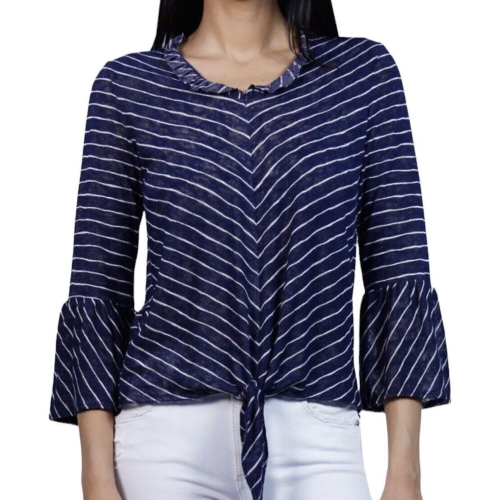 Coin 1804 Womens Blouse Sz Medium Striped Bell Sleeve Tie Front V Neck Ruffle